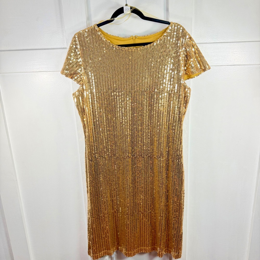 Ashley Stewart Gold Sequin Sheath Dress Short Cap Sleeve Party